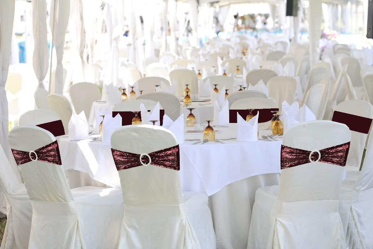 10 Pcs Sequin Chair Sashes Stretch Chair Bands Spandex Polyester Bows for Party Hotel Wedding Banquets Decoration - Burgundy