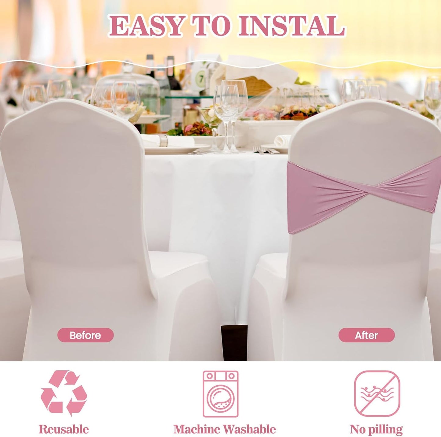 Kinlop 50 Pcs Spandex Chair Sashes Bows Chair Bands Slider Sashes for Covers Elastic Bands Ties Without Buckle Decorations for Wedding Party Events Ceremony Birthday(Dusty Pink)