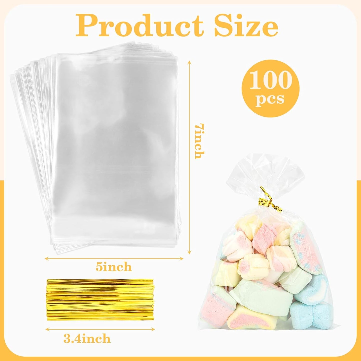 Cidenbio 100 PCS Cellophane Treat Bags, 5x7 In Clear Cellophane Gift Bags with Twist Ties Plastic Goodie Bag for Party Favor Cookie Candy Popcorn Bakery Chocolate Gift Wrapping