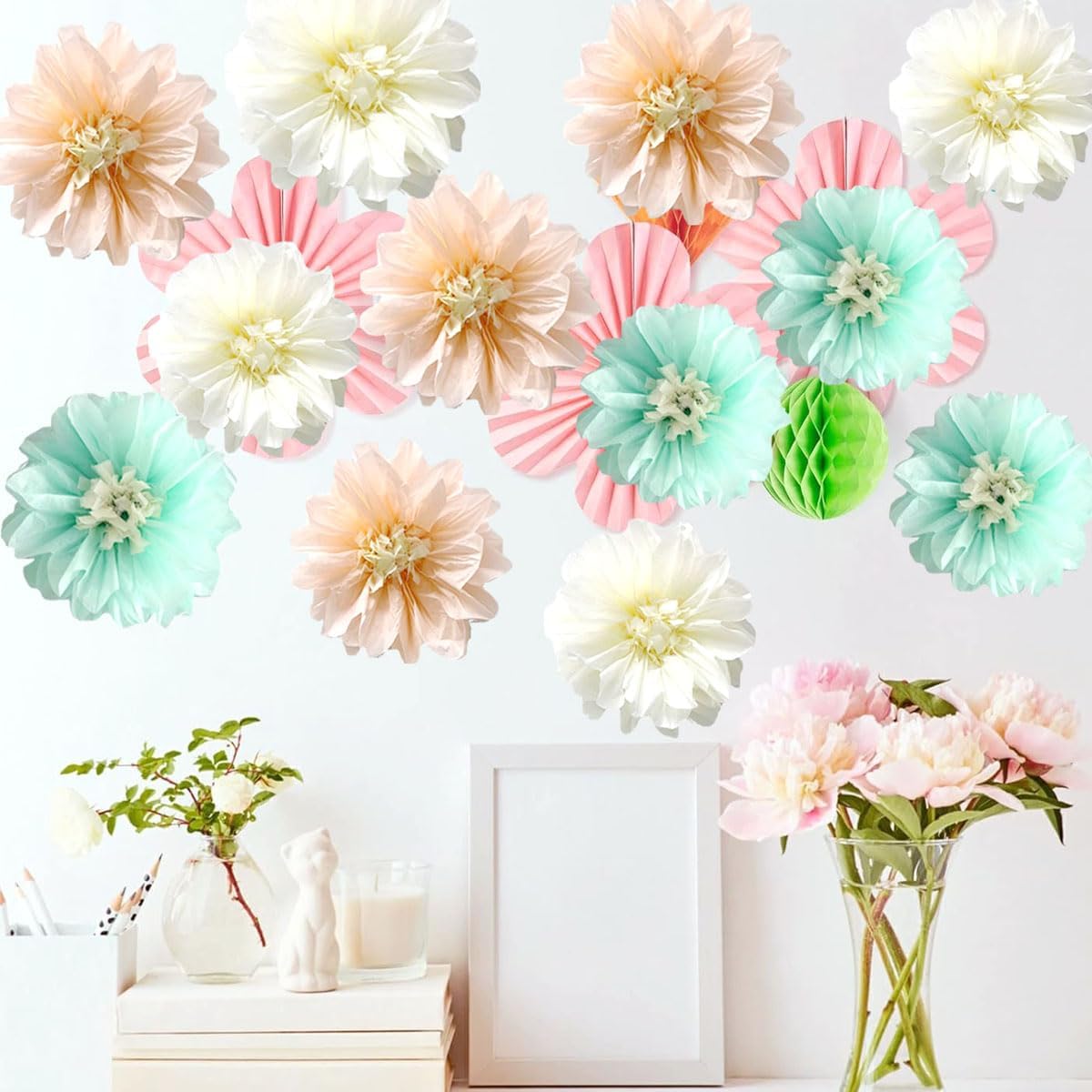 12pcs 10in/12in Tissue Flowers Pom Kit - Mint & Cream Peach - DIY Art Blooms - Wedding/Baby Shower Decorations