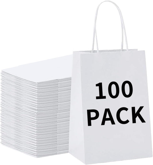 BAG BOX 100 Pack 5.9x3.1x8.25 Inch White Gift Bags with Handles,Bulk Kraft Paper Bags for Shopping, Retail, Merchandise, Wedding, Party Favors, Paper Grocery Sacks