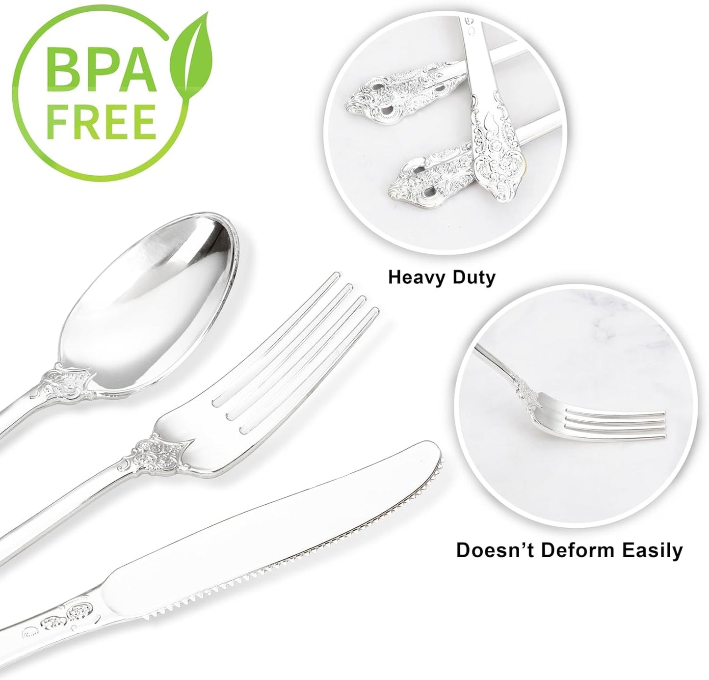 WDF 120PCS Silver Plastic Silverware - Heavy Duty Silver Plastic Cutlery Set - 40 Forks, 40 Spoons, 40 Knives, Perfect for Christmas Parties/Weeding