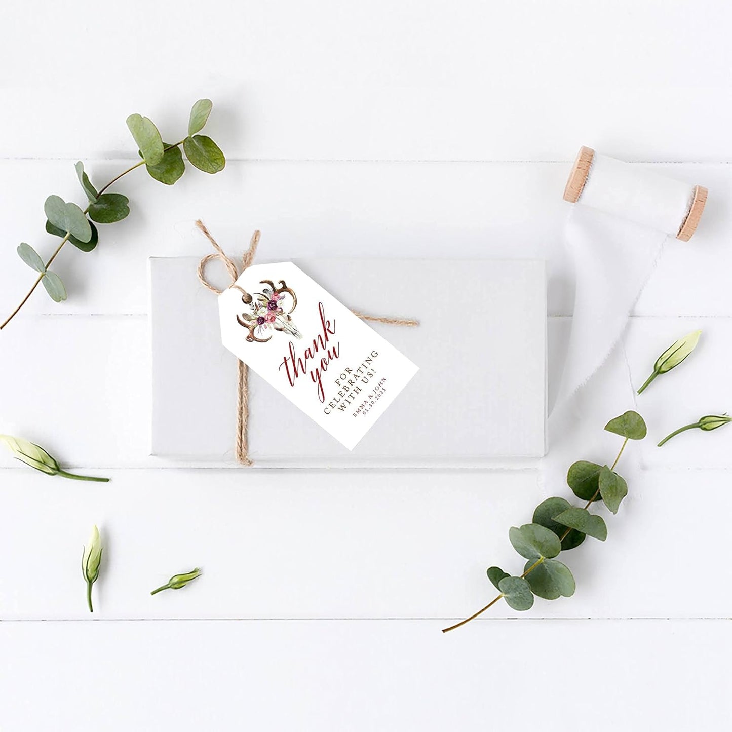Andaz Press 100-Pack Personalized Thank You for Celebrating with Us Wedding Favor Tags with Bakers Twine Boho Rustic Floral Antlers Custom Cardstock Wedding Gift Tags for Party Favors 2 x 3.75-Inches