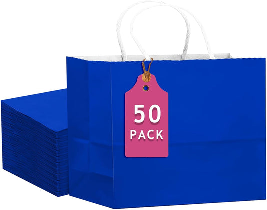 qiqee 50-Packs Diamond Blue Paper Gift Bags with Handles Bulk 12.6"x4.3"x10" Wide Large Size Party Favor Bags Multiple Uses