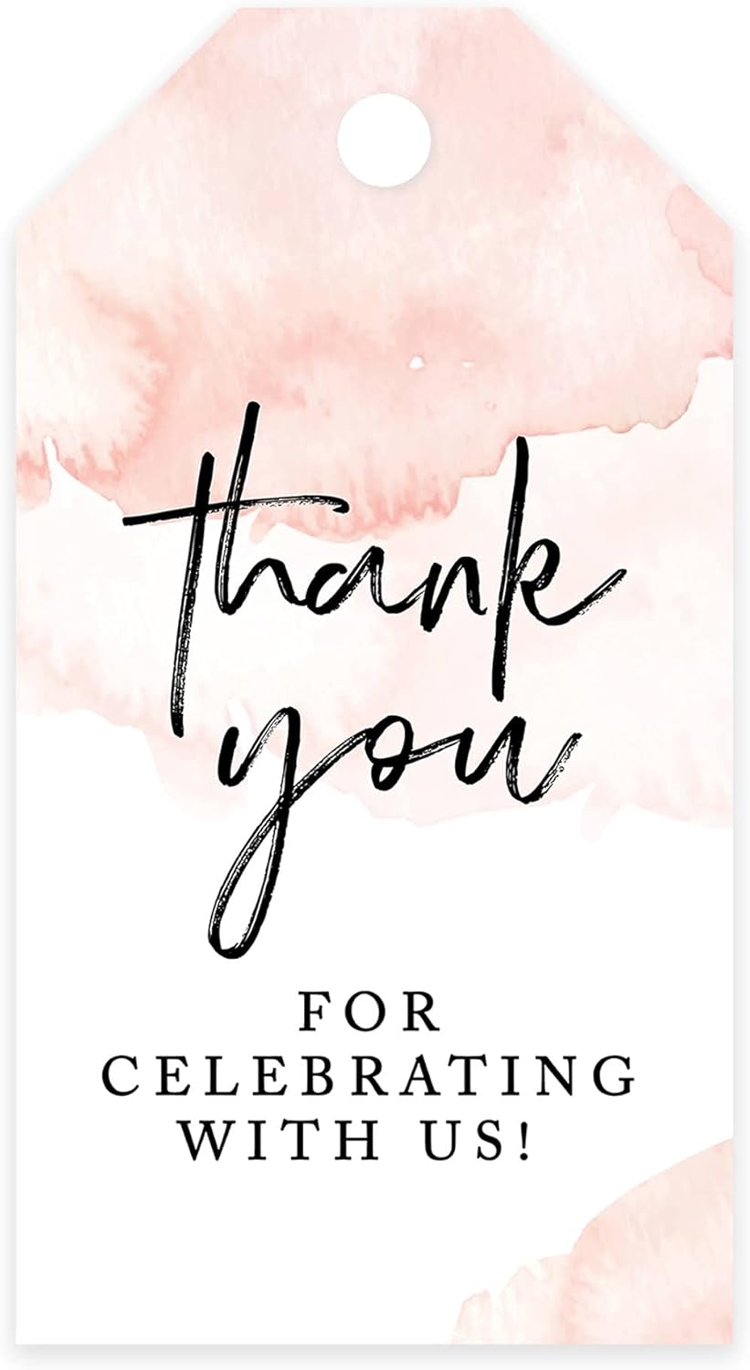 Andaz Press 100-Pack Thank You for Celebrating with Us Favor Tags Coral Brushed Watercolor Cardstock Gift Tags with Bakers Twine for Wedding Baby Shower Bridal Shower Party Favors 2 x 3.75-Inches