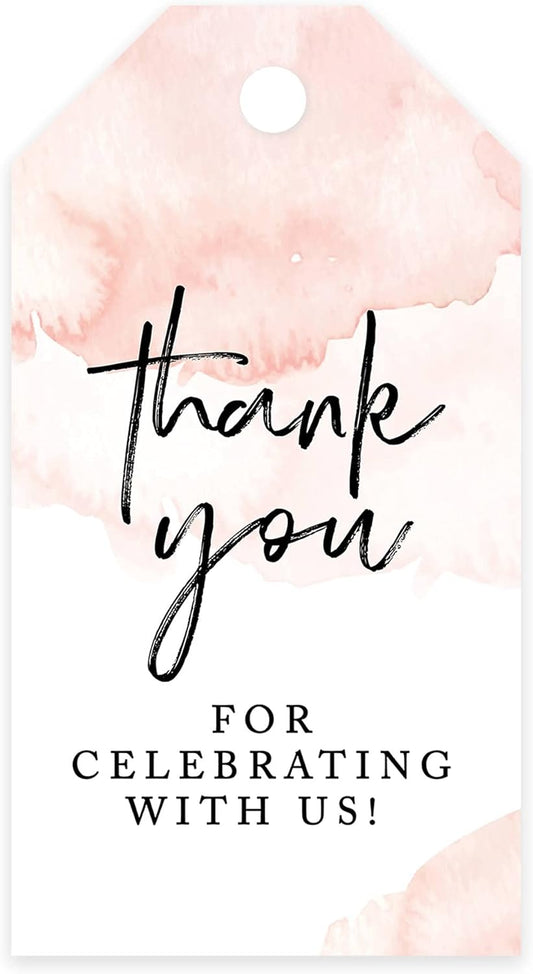 Andaz Press 100-Pack Thank You for Celebrating with Us Favor Tags Coral Brushed Watercolor Cardstock Gift Tags with Bakers Twine for Wedding Baby Shower Bridal Shower Party Favors 2 x 3.75-Inches