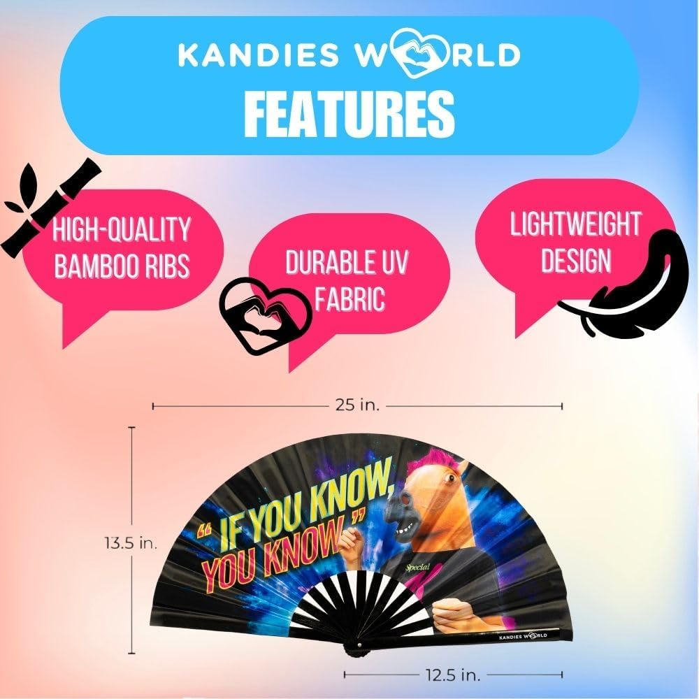 Kandies World Custom Festival Folding Hand Fan - Unique Designs, Made of Bamboo, Clacking Sound, Lightweight - Perfect Rave and Festival Accessory!