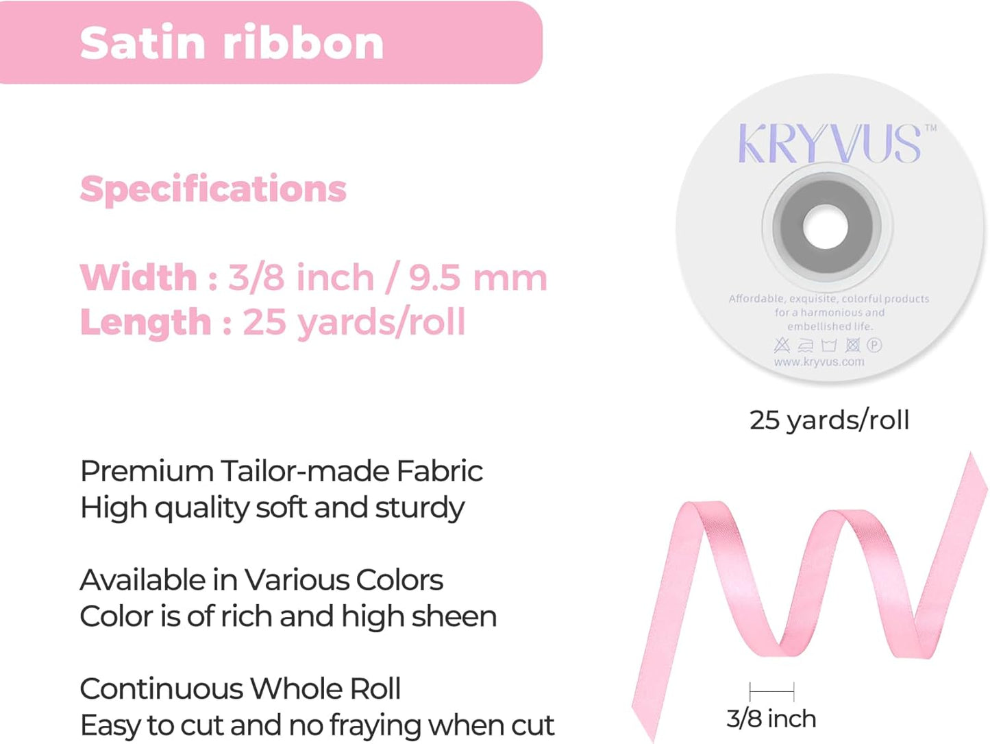 Rose Pink Satin Ribbon 3/8 inch X Continuous 25 Yards, Single Face Polyester Ribbon Perfect for Gift Wrapping, Flower Bouquet, Wedding Decor, Crafts, Bow Making, Sewing and More