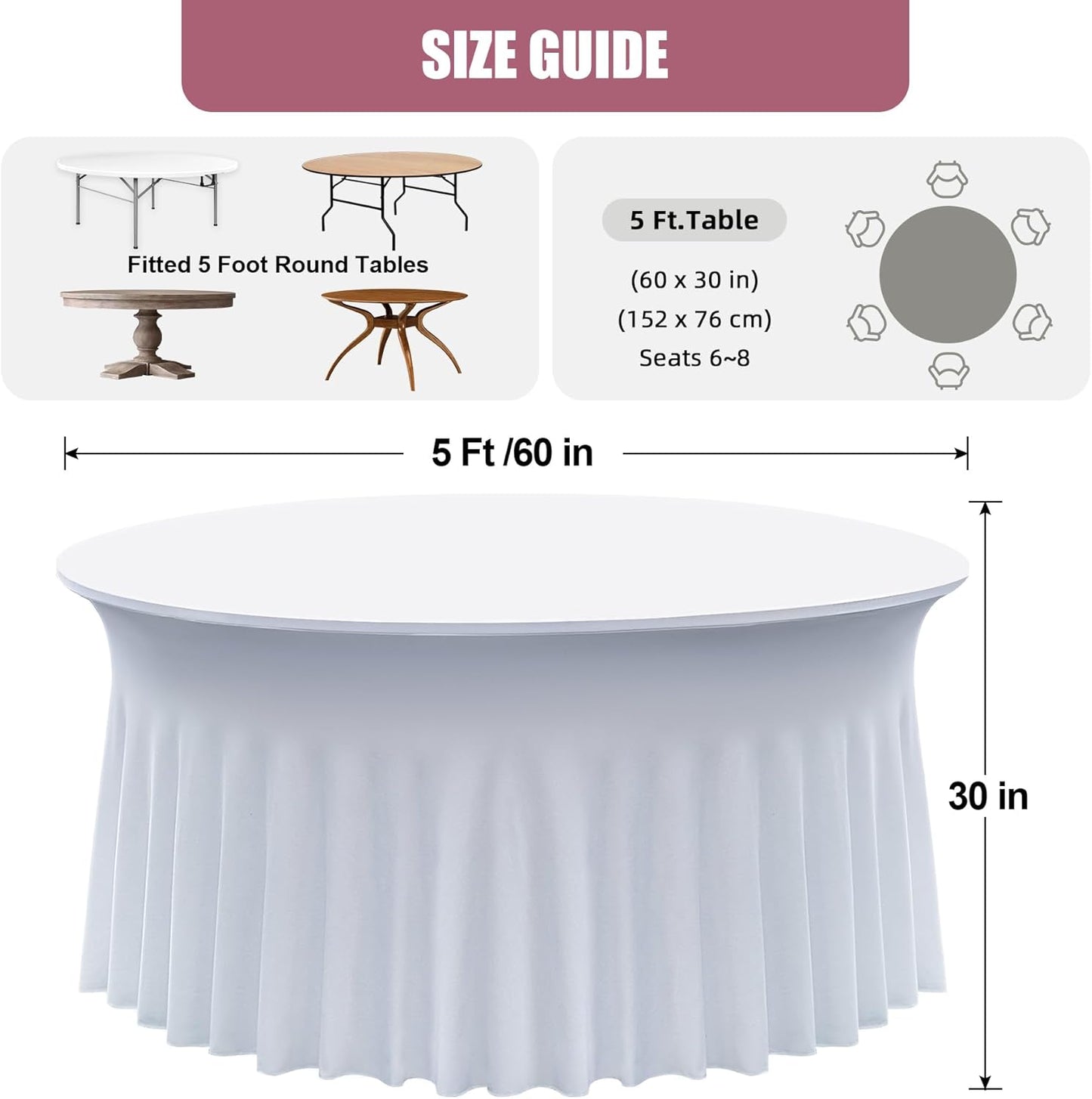 2 pk White Round Spandex Tablecloth for 60in Tables, Wrinkle Free Stretchy 120inch Fitted 5FT Table Cloths Round Table Covers with Skirt for Wedding Party Dining Banquet Events