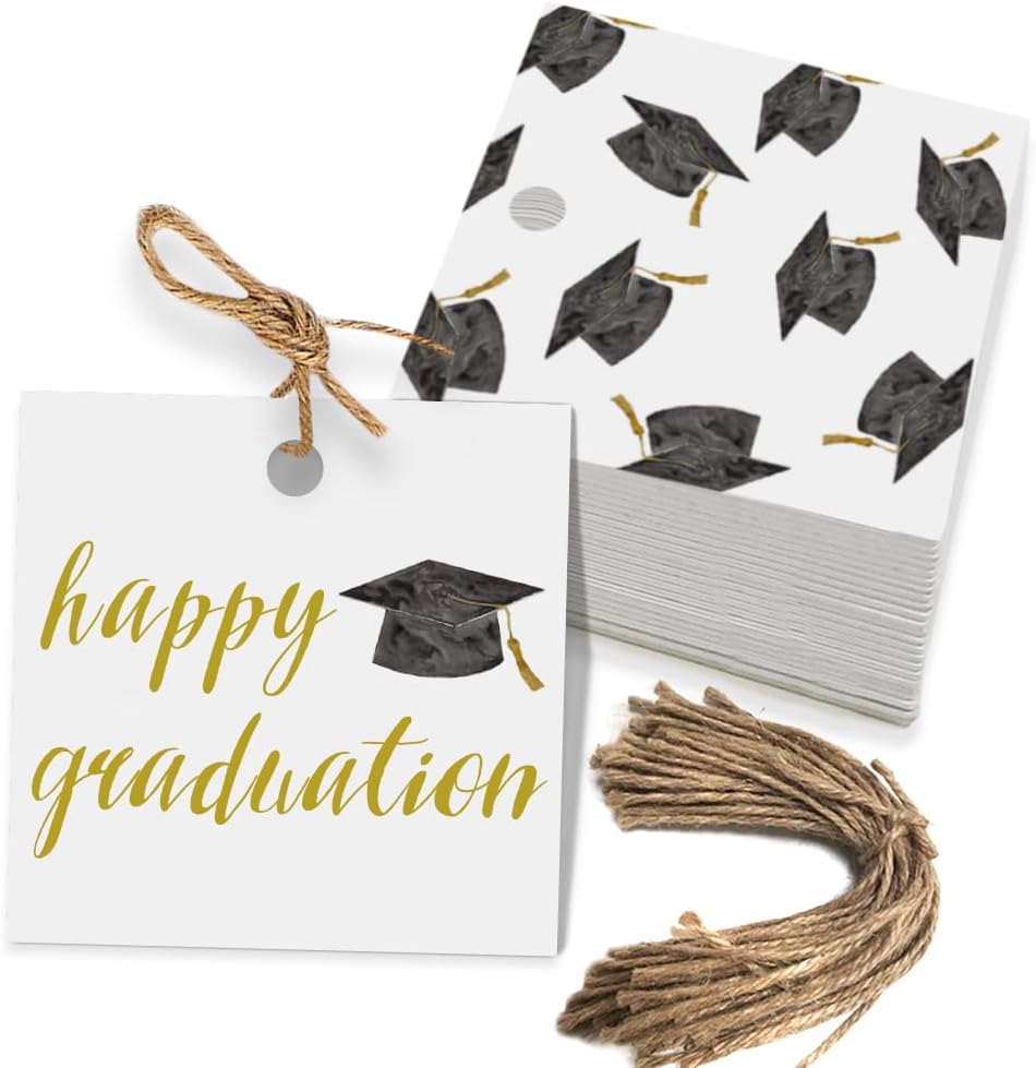 50 Pcs Graduation Gift Tags, Congrats Grad Party Favors Gift Tags for High School or Happy College Graduation Party Decoration Supplies (Gold, 2.2 * 2.2)