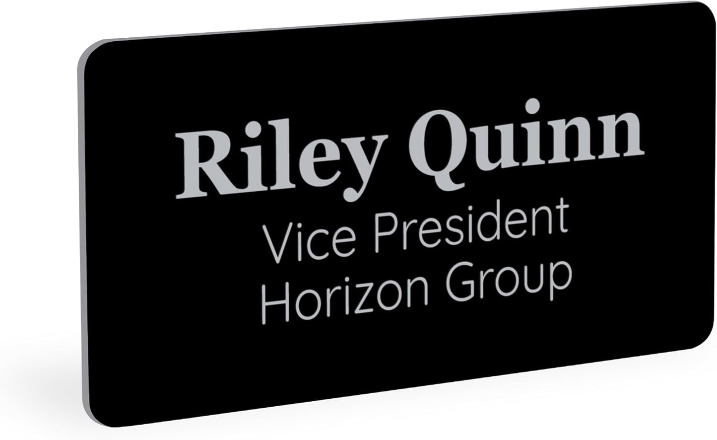 ExcelMark Custom Name Tag - Engraved Name Badge with Pin or Magnetic Backing, 16 Colors, 6 Fonts, and 2 Sizes to Choose from (Black w/Silver Letters, 1.5"x 3")