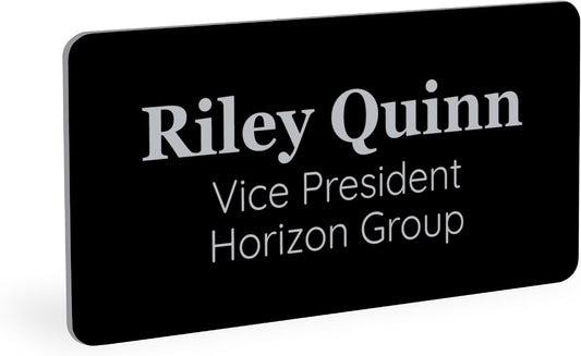 ExcelMark Custom Name Tag - Engraved Name Badge with Pin or Magnetic Backing, 16 Colors, 6 Fonts, and 2 Sizes to Choose from (Black w/Silver Letters, 1.5"x 3")