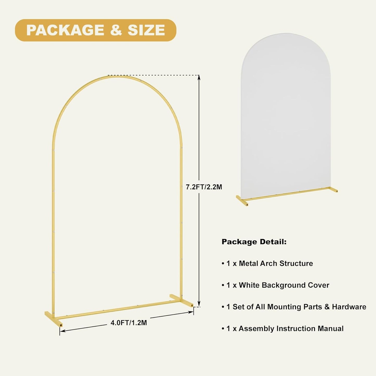 UDEAR 7.2FT Metal Arch Stand with White Cover, Arc Design with Fitted Cover, for Weddings, Parties, Baby Showers, Climbing Plants, Photo Backdrops