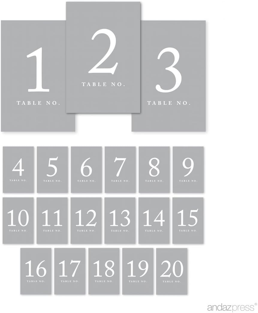 Andaz Press Gray Table Numbers 1-20, 4x6-Inches Table Number Cards For Reception, Restaurant, Classroom
