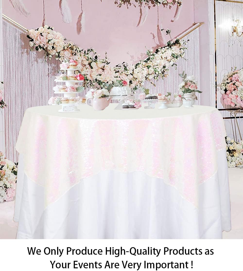 ShinyBeauty Square Tablecloth 72x72-Inch Sequin Tablecloth Overlay Iridescent White Table Cover Sequined Table Cloths for Wedding White Tablecloth Linen Square Overlay for Cocktail/Dessert
