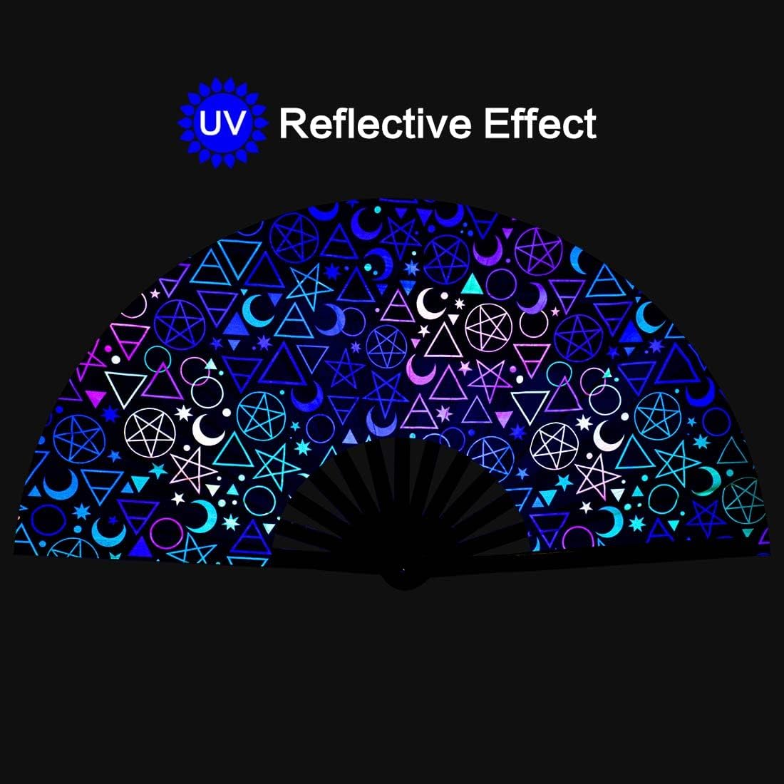 UV Glow Rave Fan, Bamboo Folding Clack Hand Fans Foldable for Men Women, Boots on the Ground Poping Fan for EDM Festival Line Dance Decoration, (Alchemical Signs, Large 13")