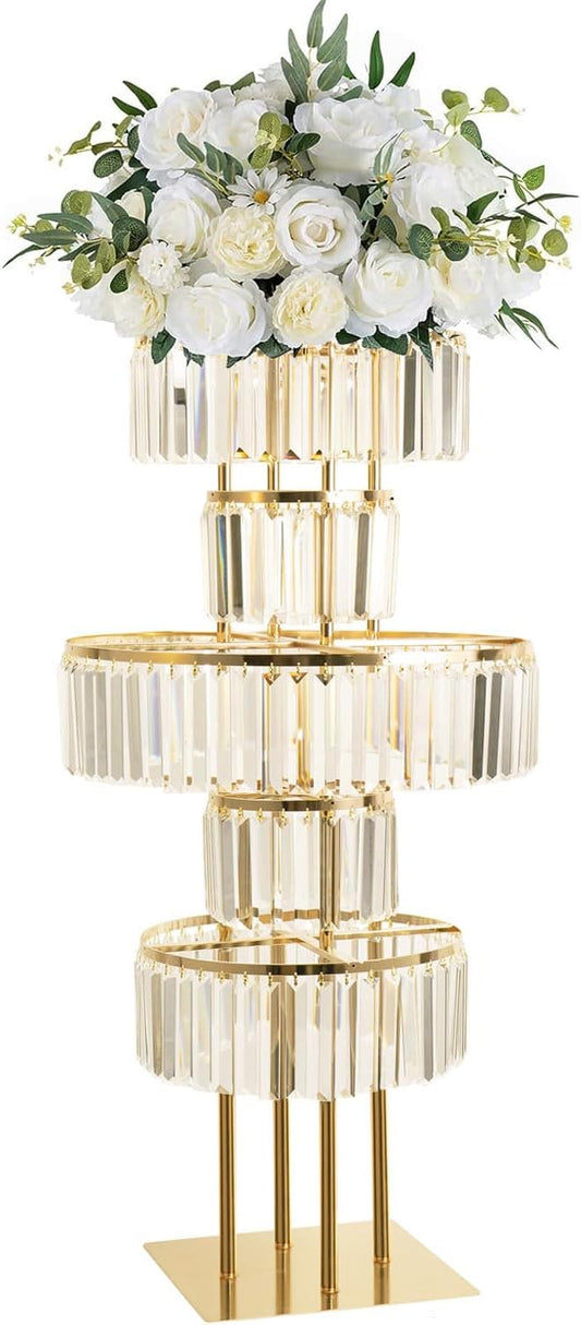 Gold Crystal Vases for Centerpieces, 47.2in Metal Pedestal Stands for Table Chandelier Centerpiece Wedding, 5 Tier Round Flower Stand for Wedding Reception Birthday Party Events Home Decor
