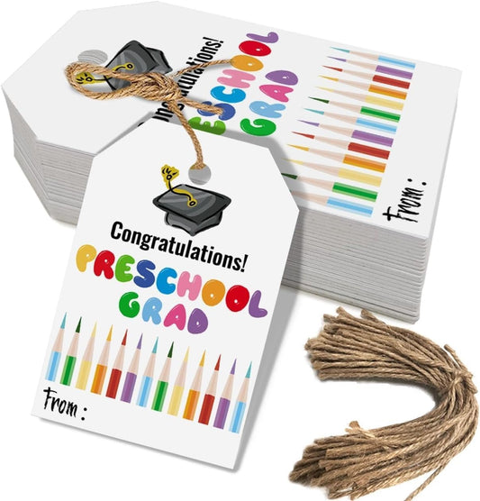 50 Pcs Pre School Graduation Gift Tags, Colorful Congratulations Gift Labels for Graduation Party Decoration Favors (pre School, 2.2 * 3.5)