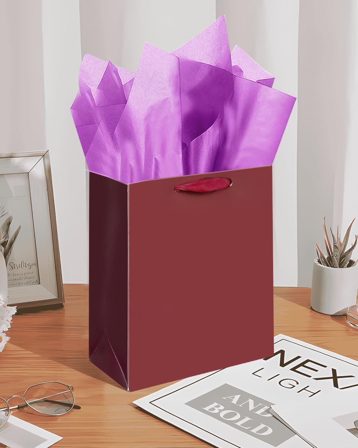 Gcardist Ripe Brown Gift Bags with Tissue Paper for Wedding, Birthday, Party Supplies-7.9"x4.3"x9.6" Medium Size Cardboard Gift Bags（5pcs Bags +10pcs Tissue Paper ）