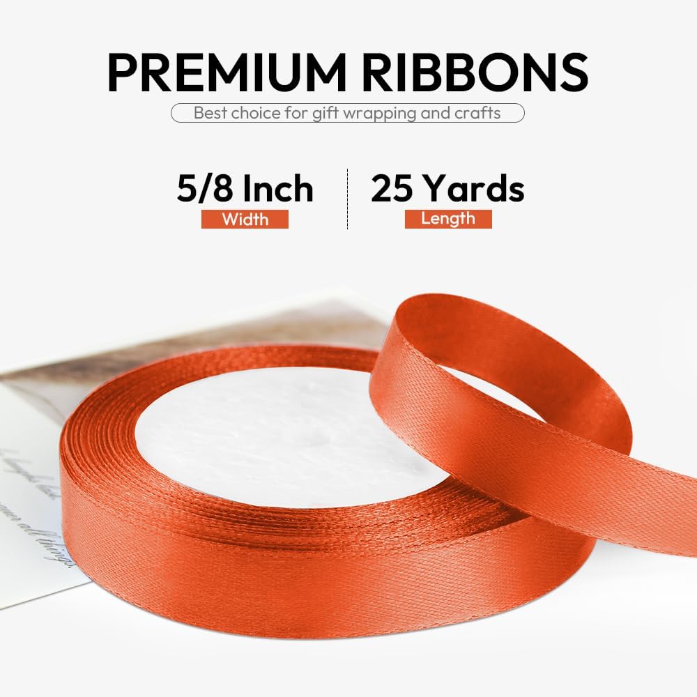 5/8 Inch 25 Yards Satin Ribbon Autumn Orange, Solid Color Fabric Ribbon for Gift Wrapping, Wedding, Polyester Gift Ribbon for Birthday Party Decoration, Craft, Hair, Floral, Sewing