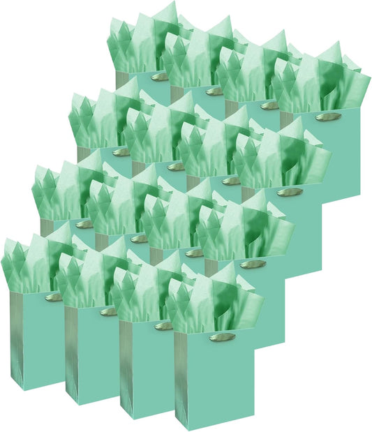 Gcardist Lake Green Gift Bags with Tissue Paper for Wedding, Birthday, Party Supplies-7.9"x4.3"x9.6" Medium Size Cardboard Gift Bags（16pcs Bags +32pcs Tissue Paper ）