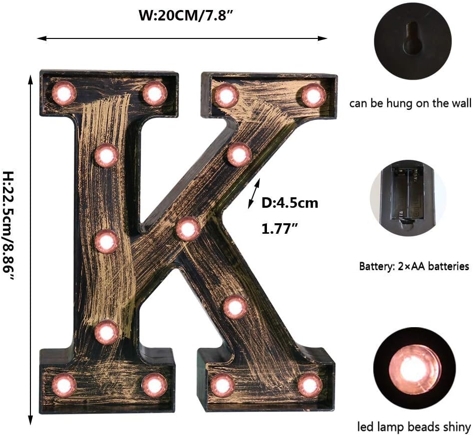 OYCBUZO Golden Black Led Marquee Letter - Industrial, Vintage Style Light Up Alphabet Letter Sign for Cafe Wedding Birthday Party Christmas Lamp Home Bar Initials Decor - K