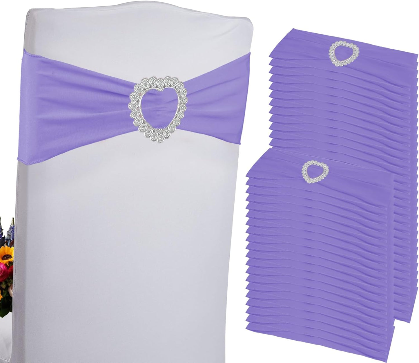 100PCS Spandex Chair Sashes Bows Universal Stretch Elastic Chair Cover Band Ties with Buckle Slider for Wedding Banquet Birthday Party Reception Event Decoration(Lavender)