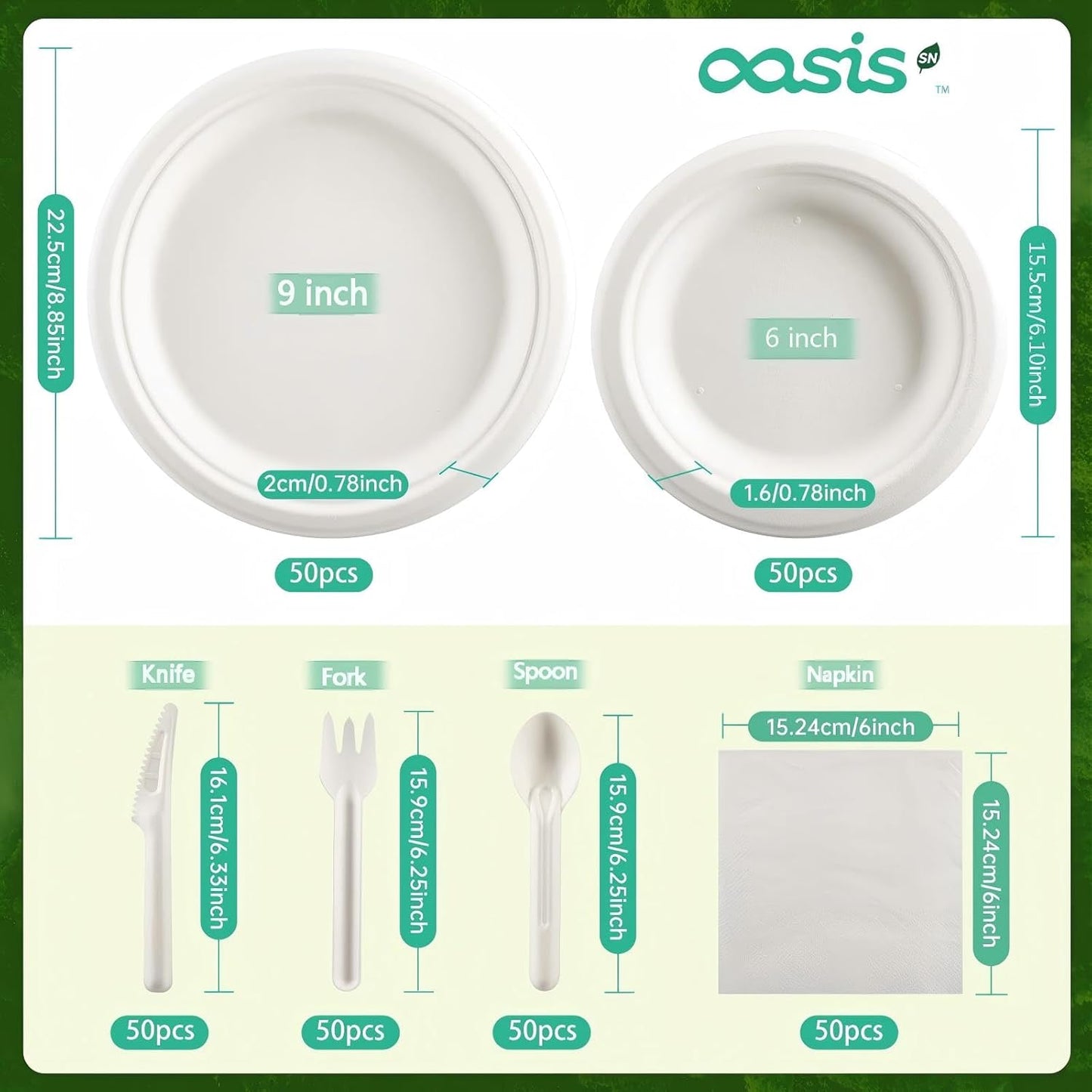 300PCS Disposable Paper Dinnerware Set for 50 Guests, Compostable 50 6“ Dessert Plates, 50 9” Plates, 50 Spoons, 50 Forks, 50 Knives and 50 Napkins, Perfect for Gatherings, Parties (White)