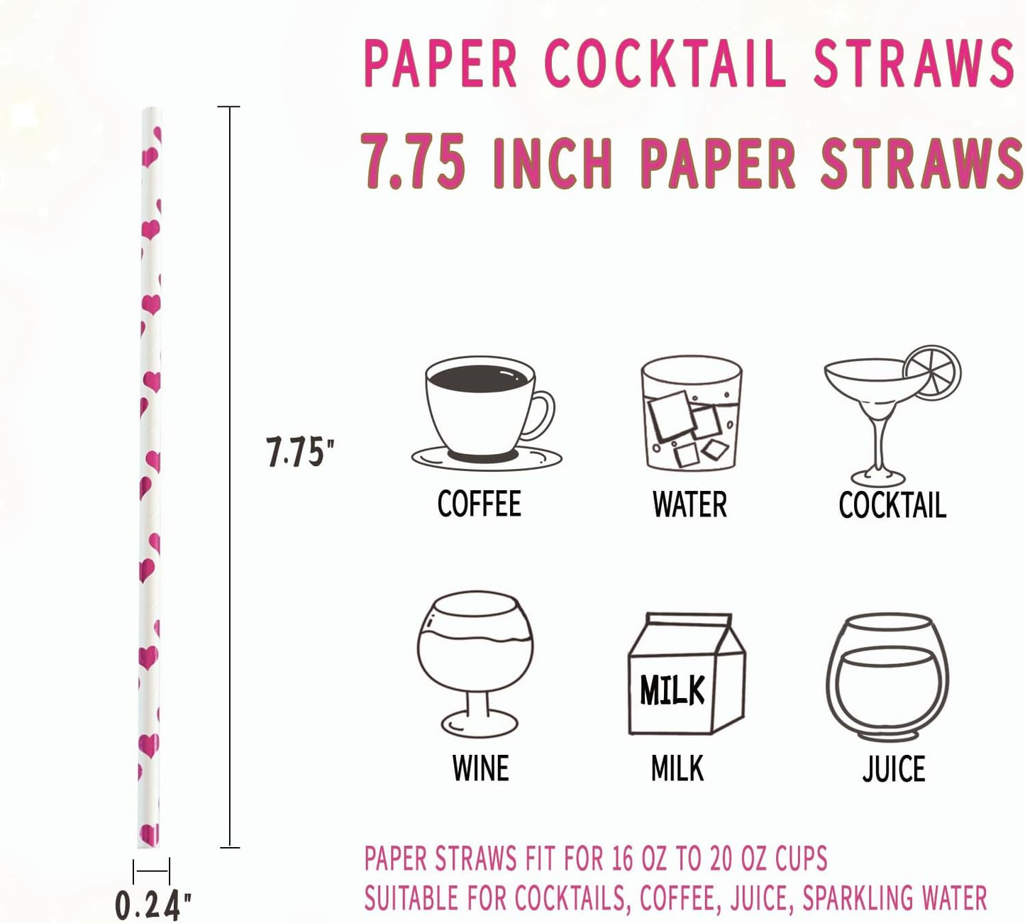 Paper Straws, Disposable Drinking Straws Biodegradable 7.75 inch,for Wedding Birthday Decorative Holiday Party Supplies - 100 Count, Foil Rose Pink Heart