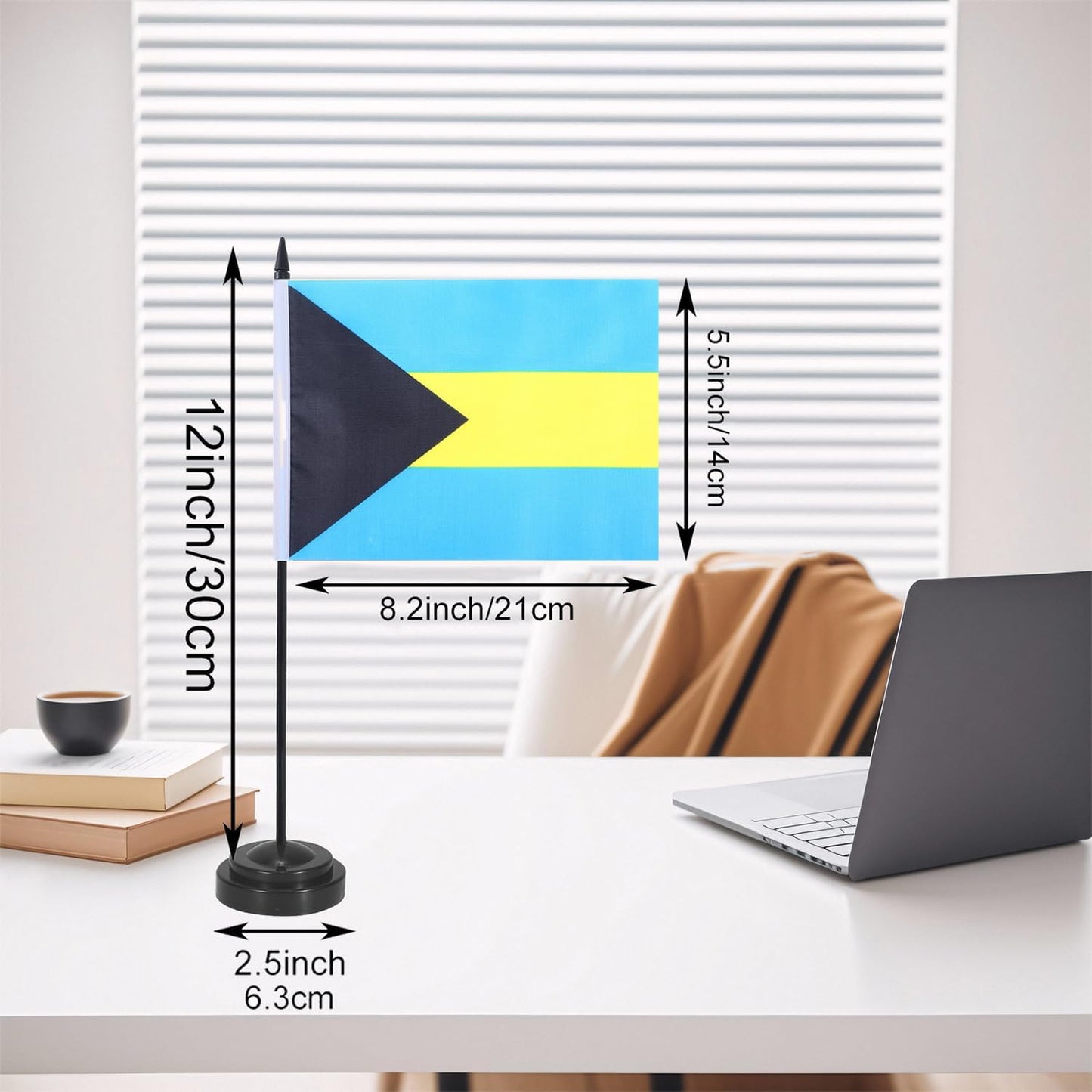 Bahamas Desk Flag 12" Solid Pole Deluxe Set Bahamian Flags Banner Mini Small Bahamas Office Table Flags with Black Stand Base Desktop Decorations(2Pack)