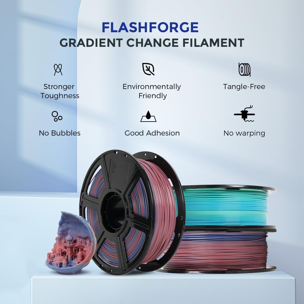 FLASHFORGE 3D Printer Filament Gradient Color Change PLA Filament 1.75mm, 1KG Spool (2.2lbs), Dimensional Accuracy +/- 0.02mm, Better Tenacity & No Knotting 3D Printing Filament (Pink & Blue)
