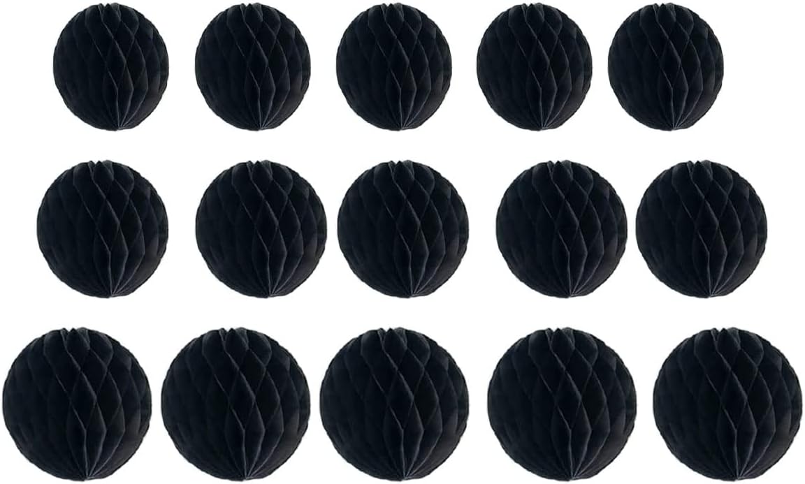 15pcs Honeycomb Balls Decorations 4'' 6'' 8'' Party Honeycomb Ball Flower Tissue Pom Poms Flower Ball Hanging Flower Balls for Baby Shower Birthday Wedding Nursery Decor(4'' 8'' 10'' Black)