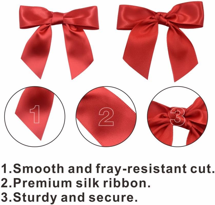 2.5" Hgzgch Red Satin Ribbon Bow for Gift Wrapping, Premade Bows for Crafts, Cake, Party Favors, Handmade Bows with Double-Sided Tape, Self Adhesive Gift Bows for Presents, Treats, Christmas - 50pcs