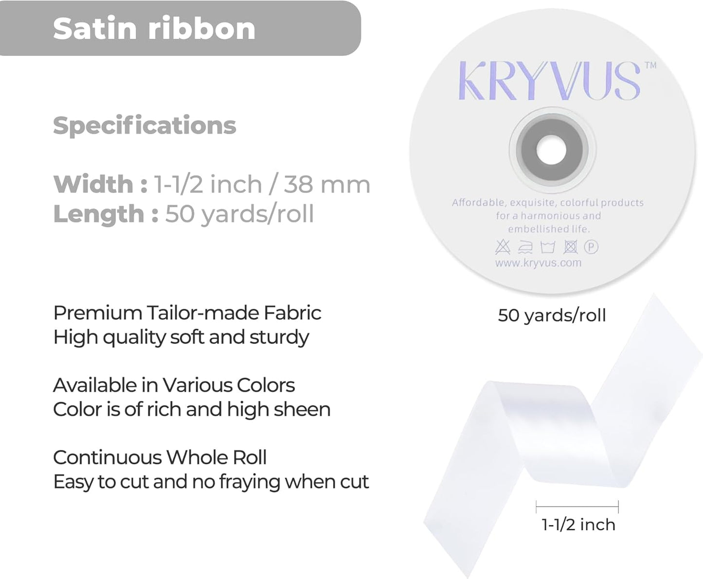 White Satin Ribbon 1-1/2 inch X Continuous 50 Yards, Single Face Polyester Ribbon Perfect for Gift Wrapping, Flower Bouquet, Wedding Decor, Crafts, Bow Making, Sewing and More