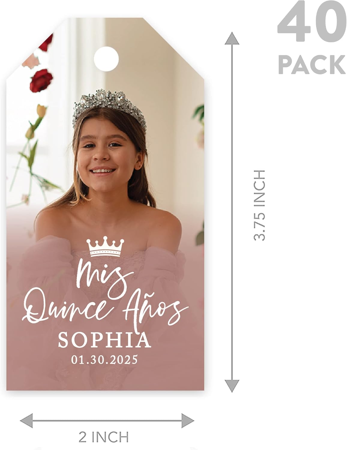 Andaz Press 40-Pack Personalized Quinceañera Favor Tags with String, Mis Quince Años Classic Gift Tags with Custom Photo for Quince, XV, 15th Birthday Quinceanera Decorations, Favor Gifts