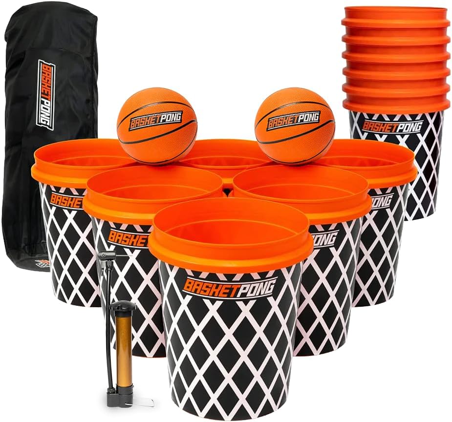 Giant Yard Pong and Basketball Game with 12 Buckets, 2 Balls, Carrying Bag, and Air Pump – Outdoor Game for Lawn, Backyard, Beach, and Parties