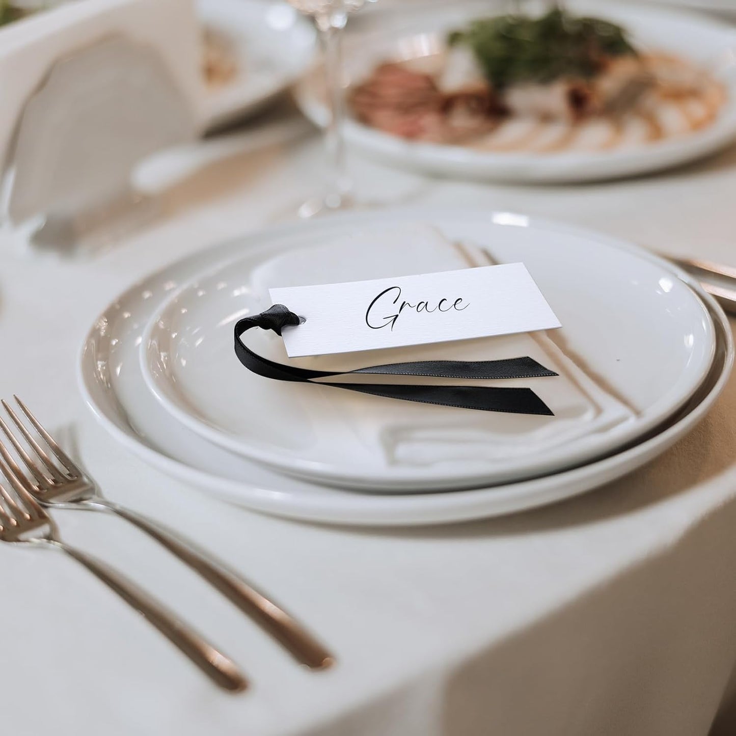 50 Pcs Name Place Cards for Table Setting Blank Wedding Place Cards with Satin Ribbon 1.57 x 3.54 Inch Hanging Gift Tags for Wedding Dinner Banquet Party Table Setting Supplies (Black)