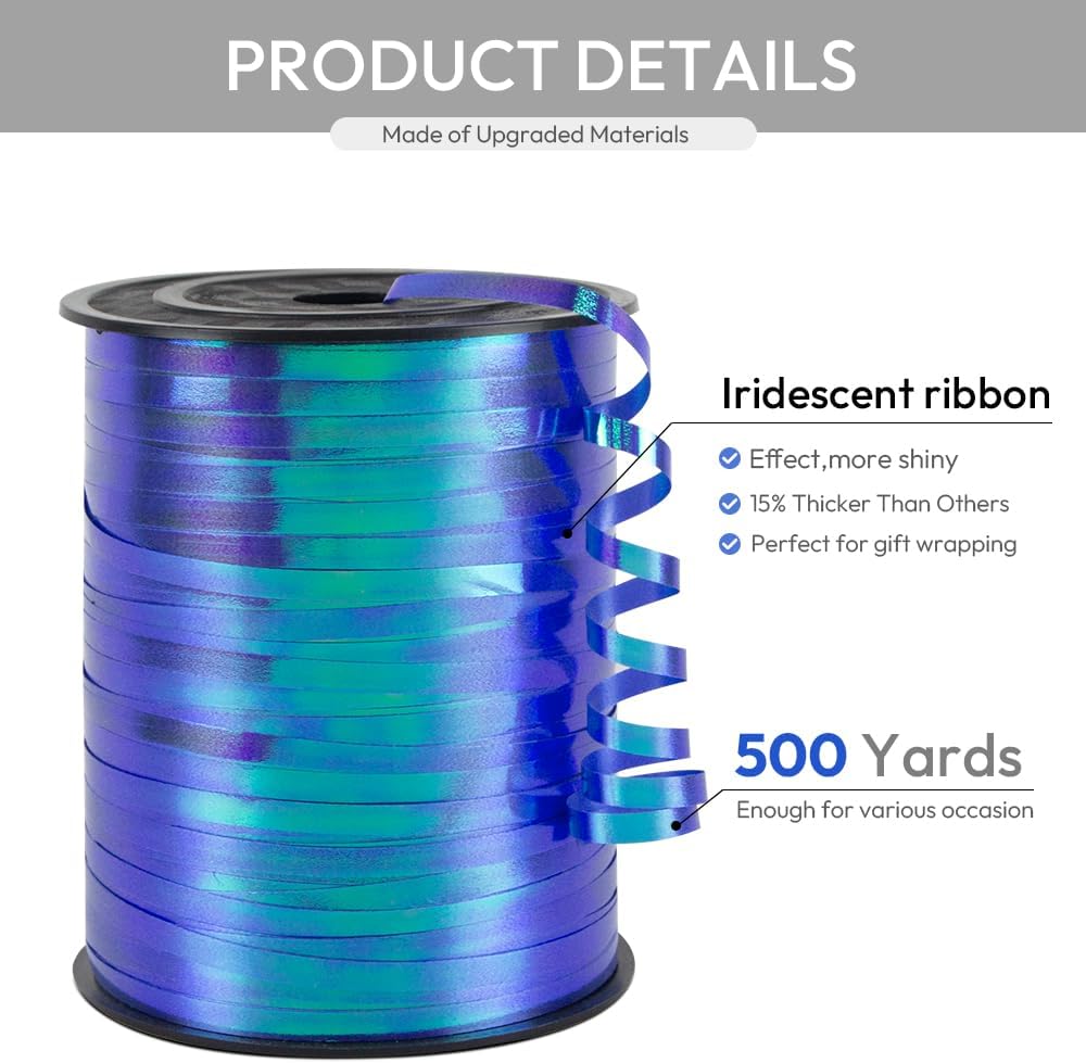 KMER LIFE Blue Gradient Curling Ribbon, 1/5" Wide x 500 Yards Christmas Curling Ribbons for Gift Wrapping, Party Decoration, Balloon String, Crafting, Balloon Ribbons for Florist Flower (1 Roll)