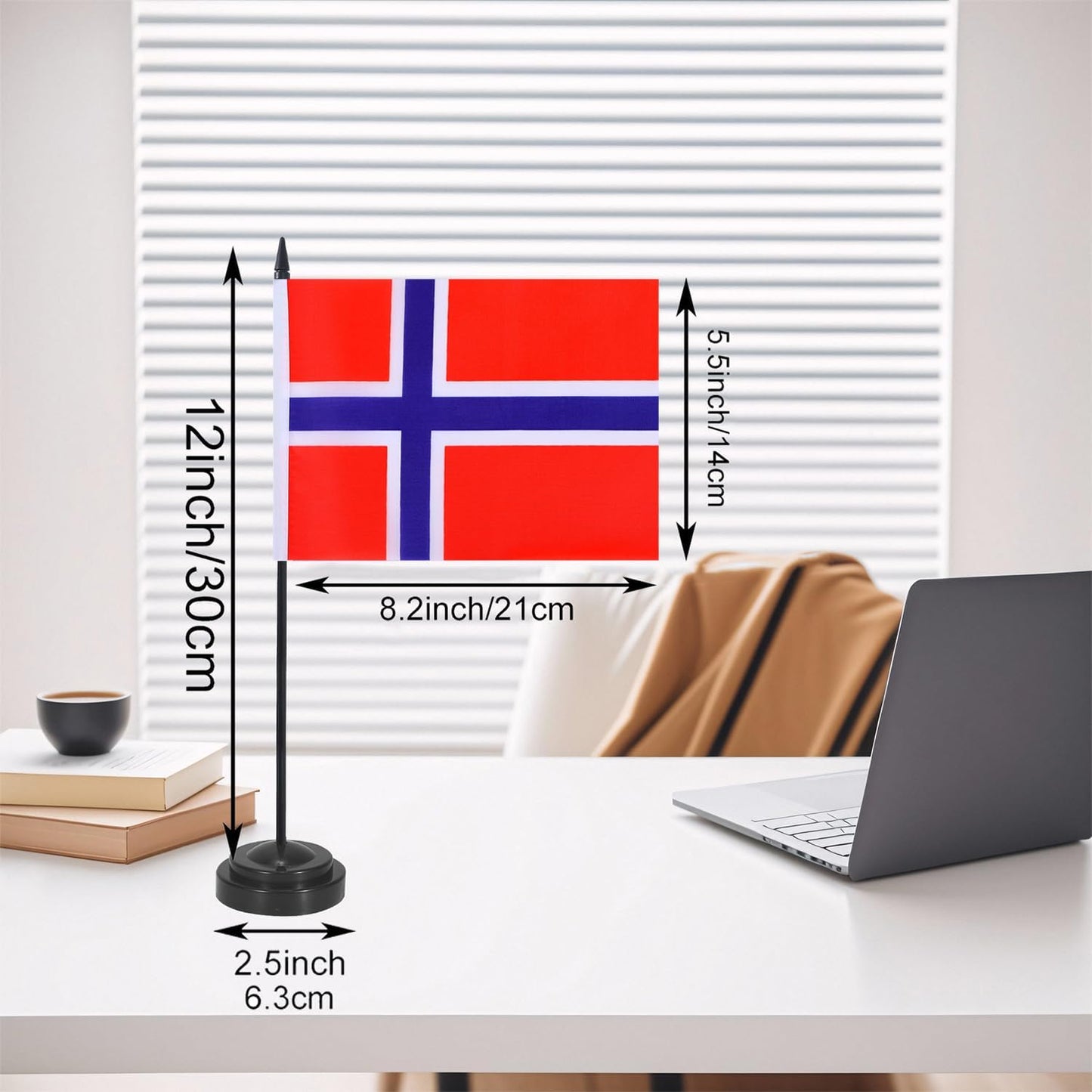 Norway Desk Flag 12" Solid Pole Deluxe Set Norwegian Flags Banner Mini Small Norway Office Table Flags with Black Stand Base Desktop Decorations(2Pack)