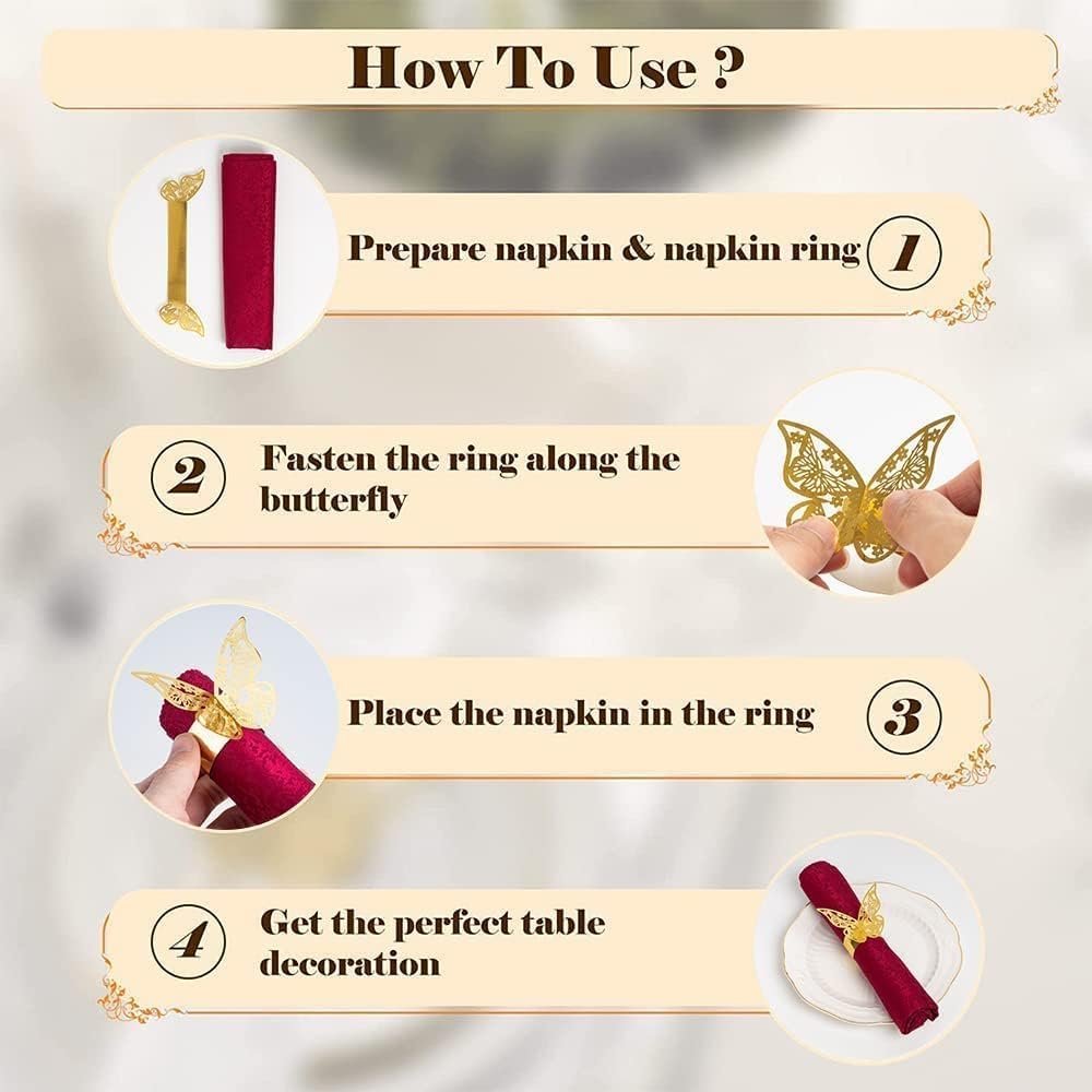 100 Pcs Napkin Rings Laser Cut Butterfly Shape Foil Paper Napkin Holder for Weddings Party Serviette Table Decoration Restaurant (Gold)