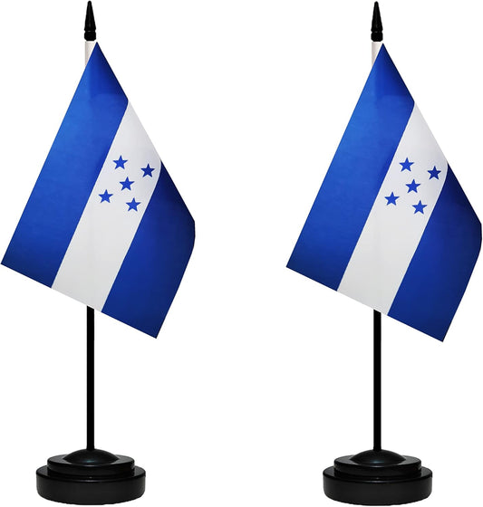 Honduras Honduran Deluxe Desk Flag Set Small Mini Miniature Honduras Honduran Table Desktop Flags With Solid Pole, Black Base and Spear Top (2 Pack)