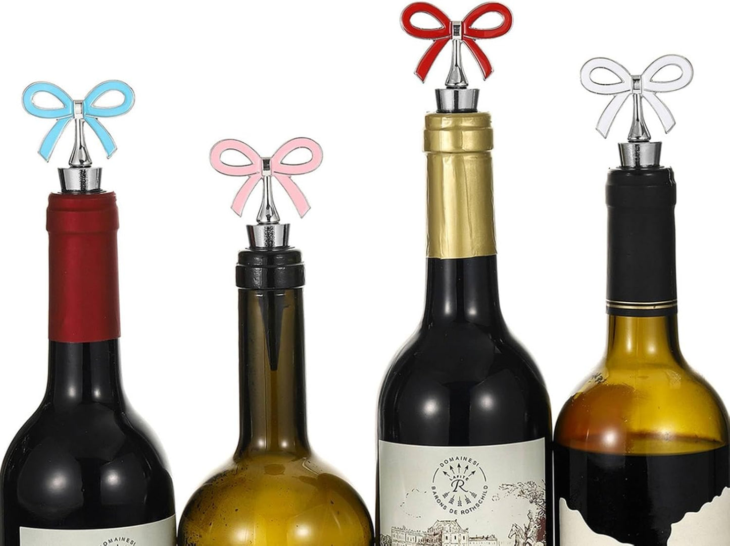 Cute Bow Wine Stopper Set of 4, Decorative Removable Metal Wine Bottle Stopper, Reusable Vacuum Bottle Corks with Silicone for Women, Gift, Christmas, Holiday Party - Silver