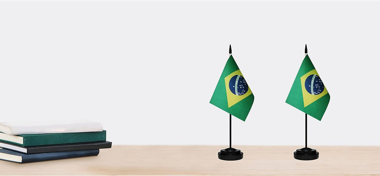 Brazil Brazilian Deluxe Desk Flag Set, Small Mini Miniature Brazil Brazilian Table Desktop Flags With Solid Pole, Black Base and Spear Top(2 Pack)