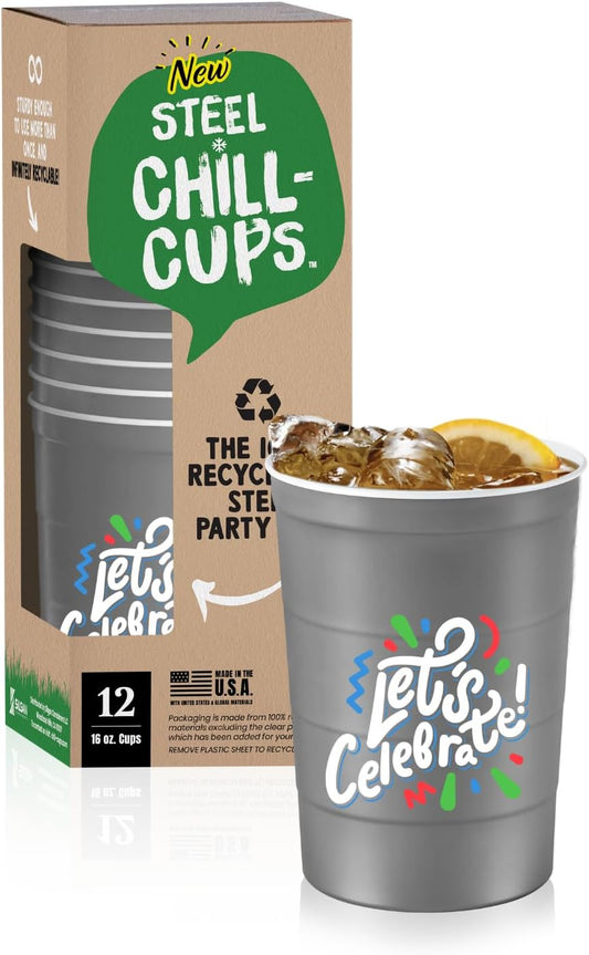 16 oz. Party Cups 'Let's Celebrate Let's Party' Design for Cold Drinks, Durable, Disposable, Recyclable, Made in USA, Gray, 12 Count