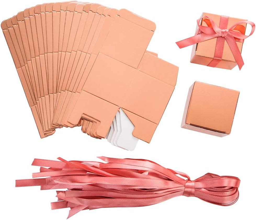 AWELL Rose Gold Gift Candy Box Bulk 2x2x2 inches with Vintage Pink Ribbon Party Favor Box,Pack of 50