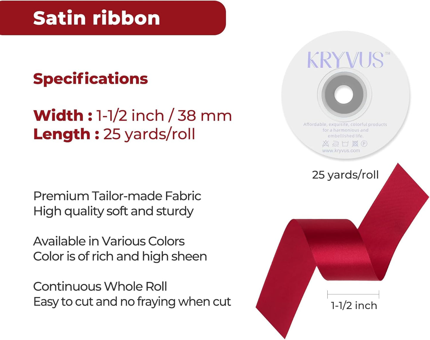 Scarlet Red Satin Ribbon 1-1/2 inch X Continuous 25 Yards, Single Face Polyester Ribbon Perfect for Gift Wrapping, Flower Bouquet, Wedding Decor, Crafts, Bow Making, Sewing and More