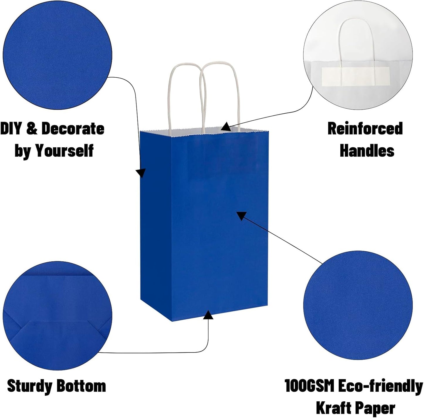 50 Pack 5.25x3.25x8.25 Inch Small Royal Blue Kraft Paper Bags with Handles Bulk, Toovip Gift Wrap Bags for Favors Grocery Retail Party Birthday Shopping Business Goody Craft Merchandise Take Out Sacks