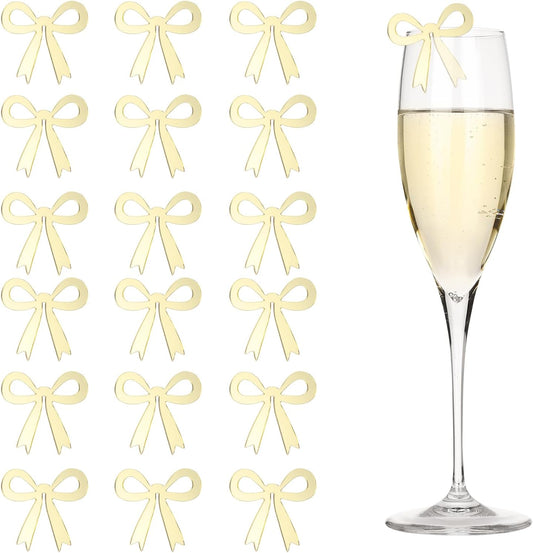 PATIKIL 50 Pcs Bow Drink Tags, Acrylic Wine Glass Charms Reusable Drink Markers for Party Wedding Birthday and Events Accessories, Mirror Gold