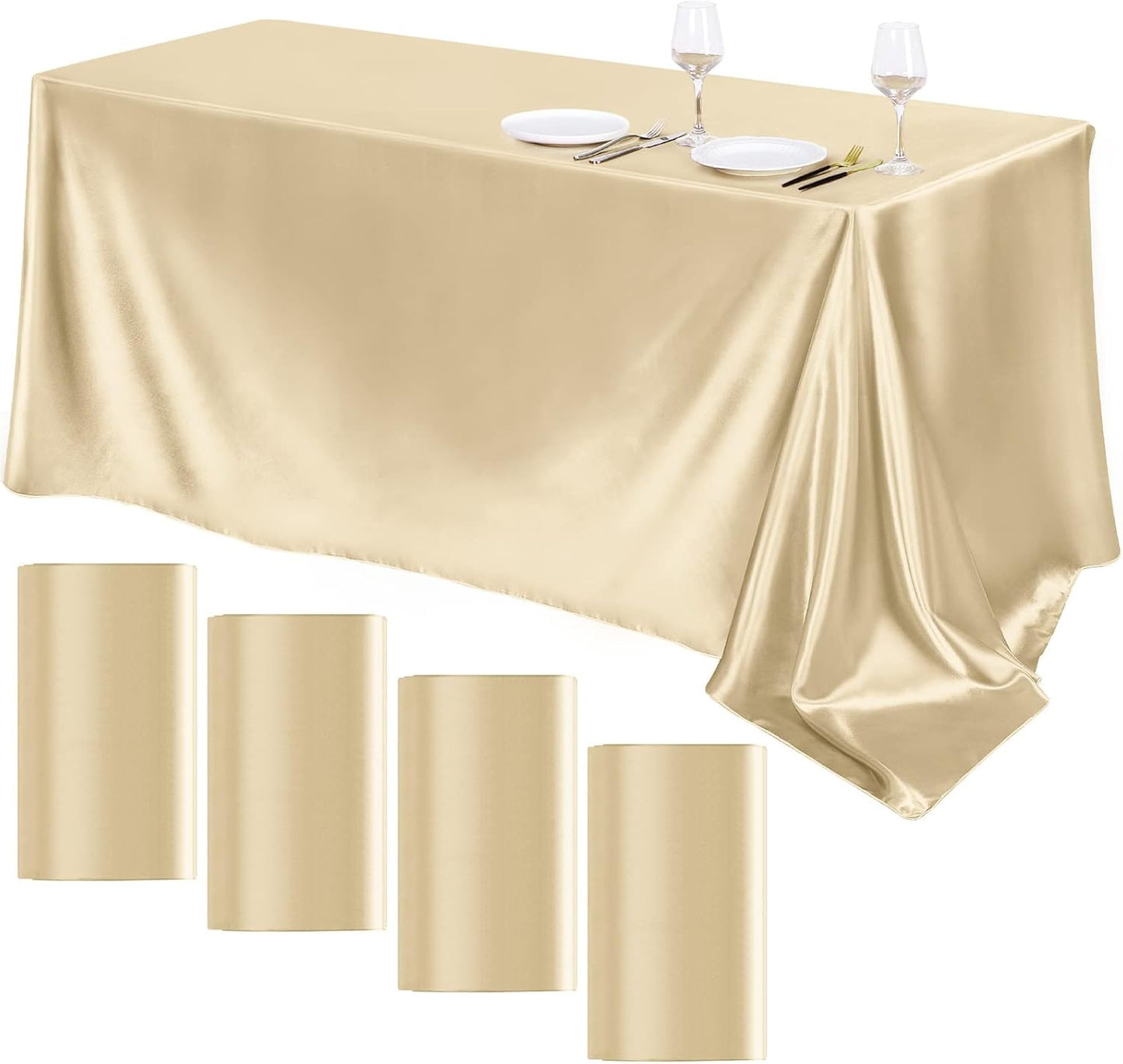 TURSTIN 4 Packs Champagne Satin Tablecloth 102 x 58 Inch Overlay Satin Table Cover Rectangle Bright Silk Tablecloth Smooth Fabric Table Decoration for Wedding Banquet Party Events