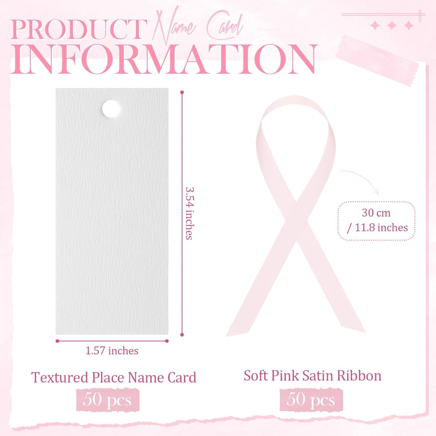 50 Pcs Name Place Cards for Table Setting Blank Wedding Place Cards with Satin Ribbon 1.57 x 3.54 Inch Hanging Gift Tags for Wedding Dinner Banquet Party Table Setting Supplies(Pink)